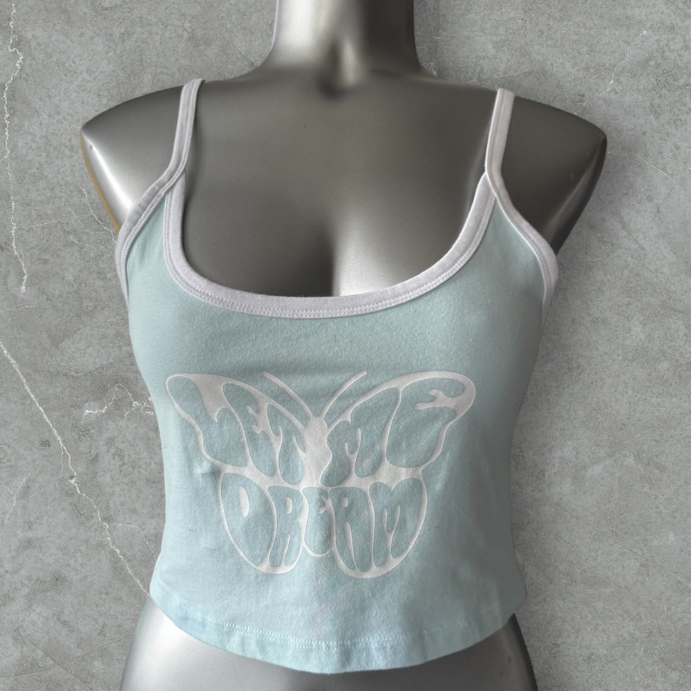 Free | Light Blue Butterfly Graphic Crop Tank with White Trim